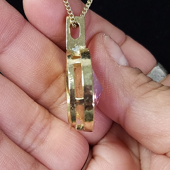 Gold Iridescent Crystal Pendant with Chain and Earrings Set - Picture 4 of 8